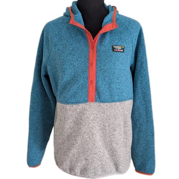 L.L.Bean Women's Snap Fleece Pullover Hoodie Blue Gray Colorblock Size M REG - Picture 1 of 14